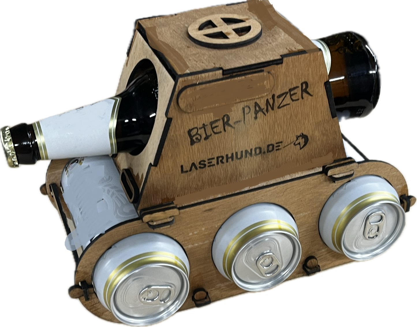 Bierpanzer aus Holz mit individueller Lasergravur – Halterung für drei 0,5L Bierdosen und eine 0,5L Bierflasche als Kanone, das perfekte einzigartige Geschenk für Männer und Bierliebhaber.