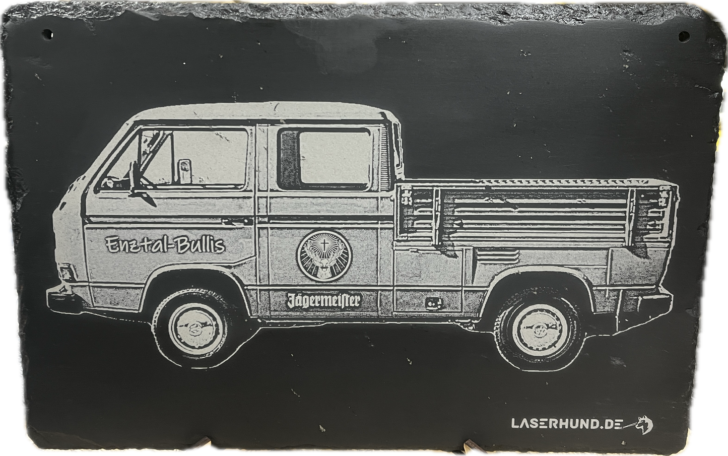 Lasergravur auf Schiefertafel "Motiv VW-Bulli"