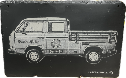 Lasergravur auf Schiefertafel "Motiv VW-Bulli"